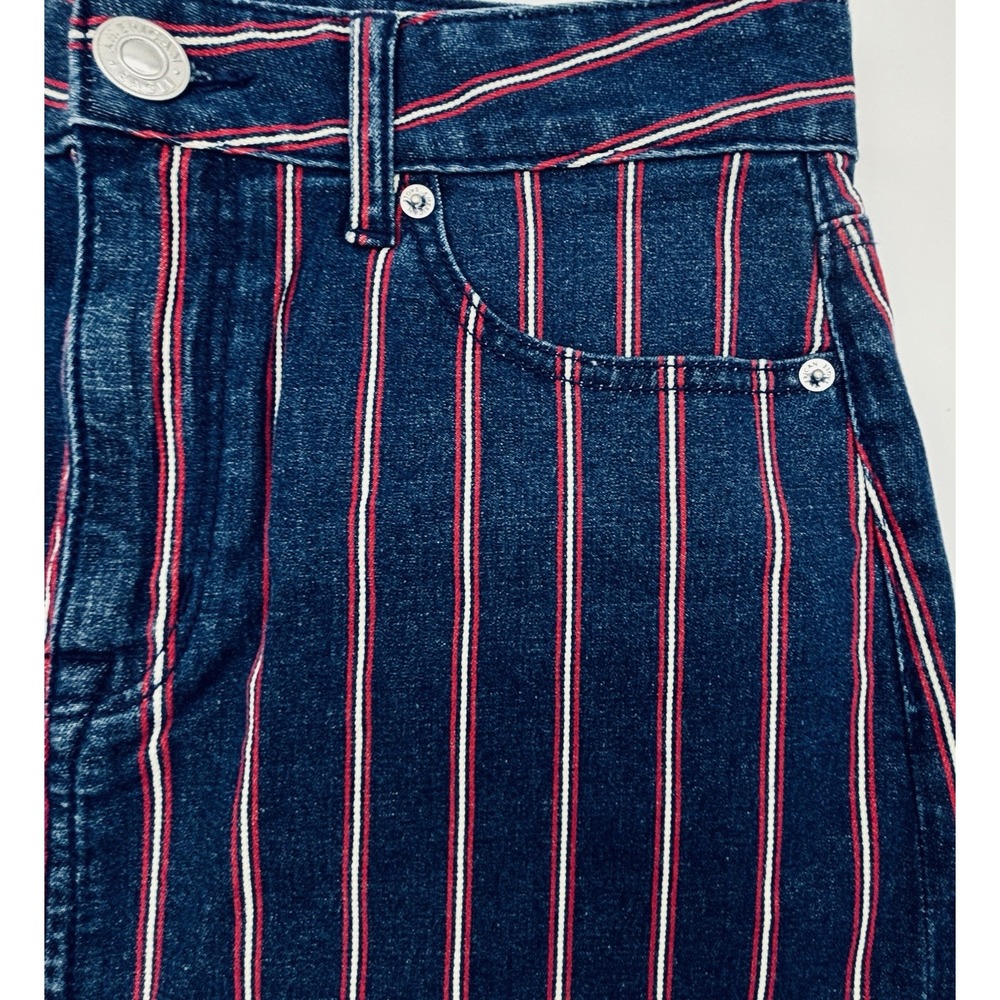 American Eagle Skirt Womens 10 Blue Red Striped Denim Jean Mini Stretch Raw Edge - Picture 5 of 10